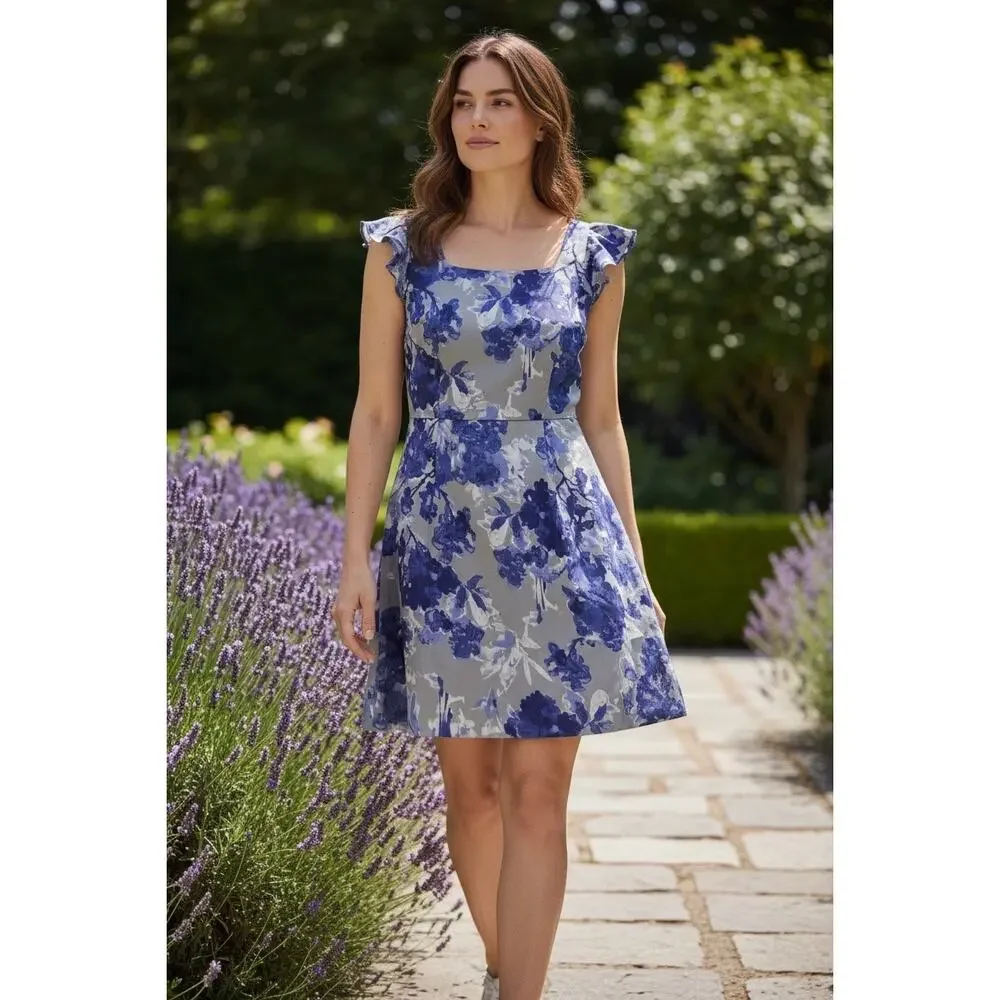 Blue and Gray Floral Dress From The Loft Size 8P - Picture 5 of 5